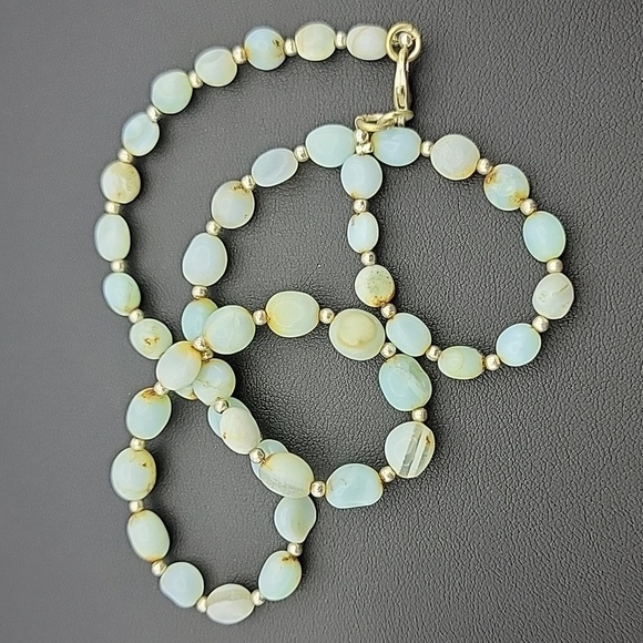 Natural Peru Blue Opal Gems 6 to 8mm Smooth Nugget Beads 17" Silver Necklace - Picture 7 of 11